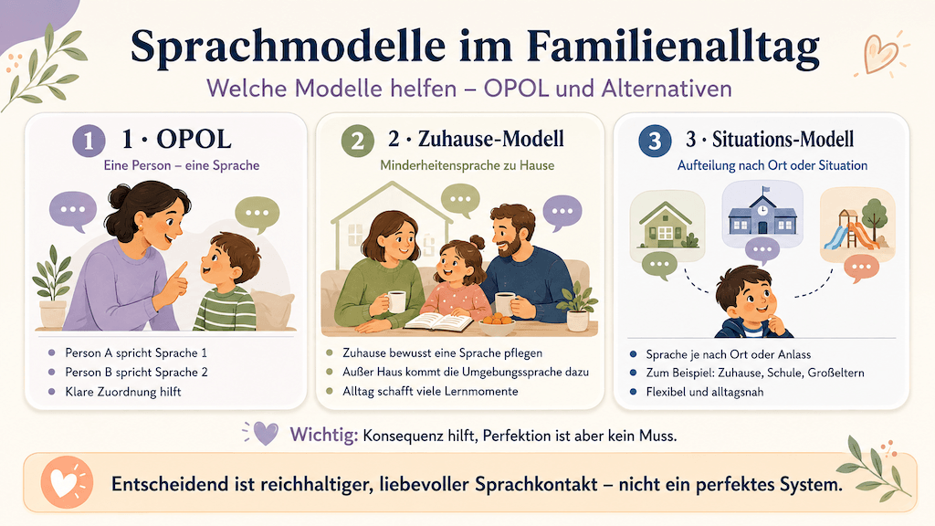 Infografik unterscheidet normalen Sprachverlauf bei Mehrsprachigkeit von Zeichen, die eine Abklärung nahelegen, etwa Rückstand in allen Sprachen (KI-generiert)