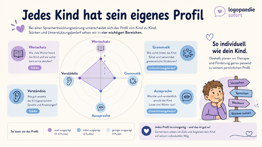 Grafik zeigt ein individuelles Sprachprofil eines Kindes über die verschiedenen sprachlichen Ebenen (KI-generiert)
