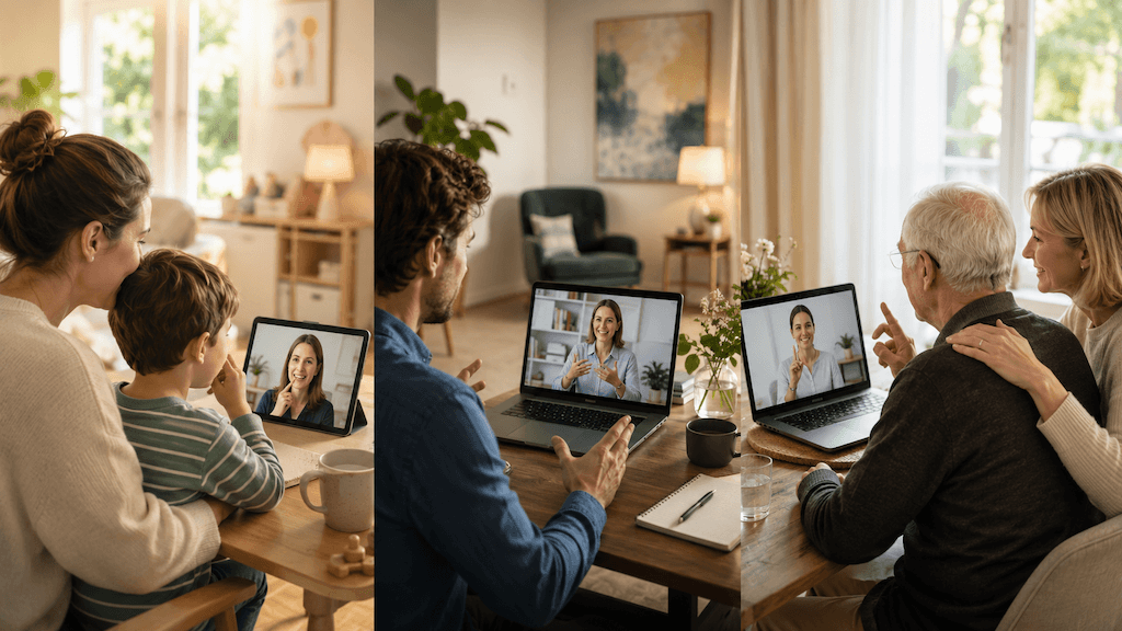 Drei Zielgruppen der Online-Logopädie aus Bern: Kind mit Eltern, erwachsene Person und ältere Person mit Angehörigem (KI-generiert)